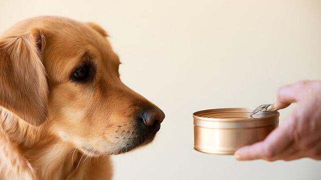 Golden retriever dog Canis lupus familiaris look at a person hand holding a metal can with pet food for dinner meal in house indoor