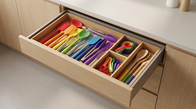 Open wooden kitchen drawer filled with colorful cooking utensils and organized metal cutlery tools. rainbow kitchen essentials