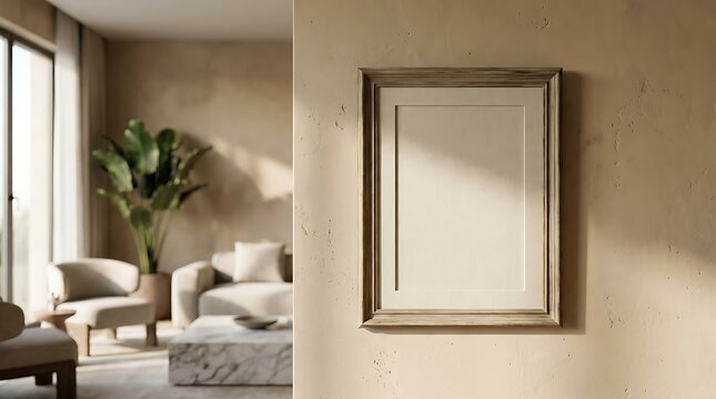 A wooden 16 x 20 frame mockup hanging on a textured beige wall in a stylish modern living room interior