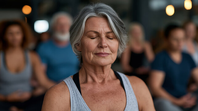 Beautiful and intricate composition showing adaptive yoga class with diverse participants practicing synchronized breathing while seated comfortably, contemporary wellness center, natural lighting,