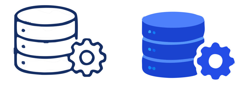 A blue gear icon and a server storage icon are displayed against a clean white background.