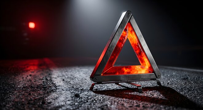 Glowing Triangular Emergency Hazard Sign on Dark Industrial Floor at Night