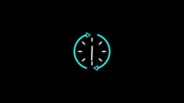 Clock Refresh Animation on Black Background, Circular Time Update Icon with Cyan Arrows, Loading, Synchronization, Refresh Cycle, Digital Timer and Technology Interface Concept.