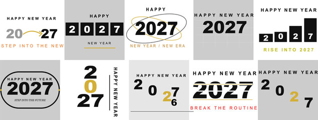Set of modern minimalist Happy New Year 2027 typography designs, creative geometric layout cards, vector illustration. © Mir
