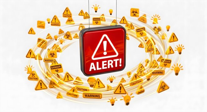 3D Render of Central Red Alert Warning Sign Surrounded by Multiple Floating Cautions