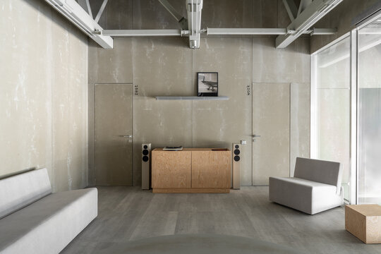 Industrial Office Lounge with Integrated Audio System