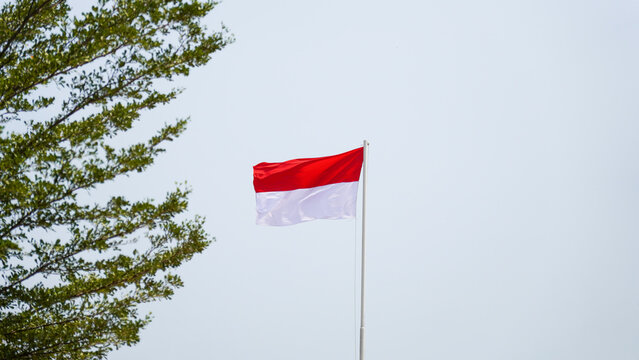 Indonesian Red and White Flag Waving on a Flagpole