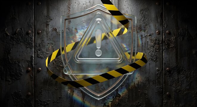 Clear Glass Shield Shaped Hazard Warning Sign Encircled by Hazard Tape