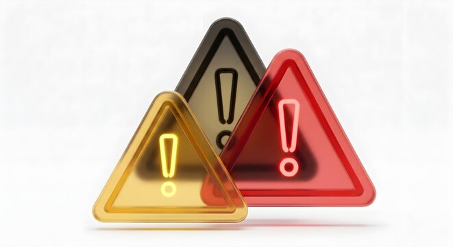 Trio of Colorful Miniature Caution Signs in Yellow, Dark Grey, and Red