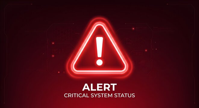 Red Neon Alert Critical System Status Warning Sign on Dark Background