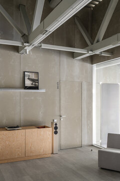Industrial Ceiling Structure Above Office Lounge