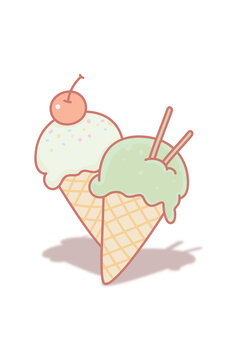 Cute Kawaii Double Ice Cream Cone with Cherry and Pocky Vector Illustration