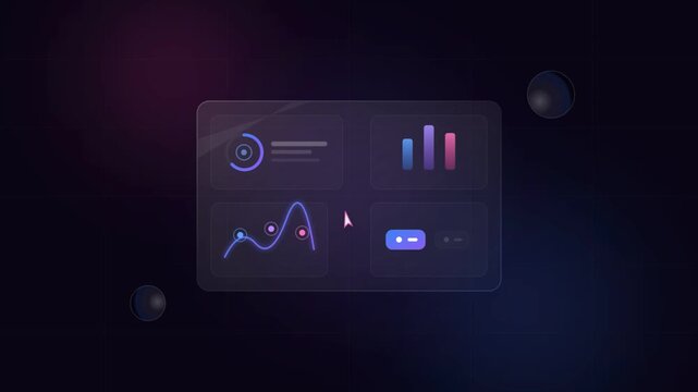 Glassmorphism user interface dashboard with glowing data charts and mouse