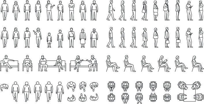 Hand drawn sketch illustration of architectural scale people standing walking sitting top view elevation profile set vector line art.