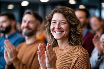 Obraz premium Coworkers celebrating successful completion of a modern corporate business setting project with smiles and applause, modern office meeting room, authentic emotions, natural lighting, premium