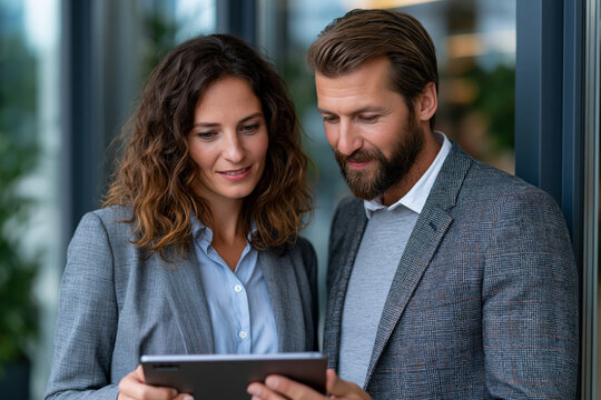 An exquisite and picturesque depiction of coworkers reviewing project schedule on a tablet while standing near office windows, authentic teamwork, bright corporate environment,, no logos, no watermark