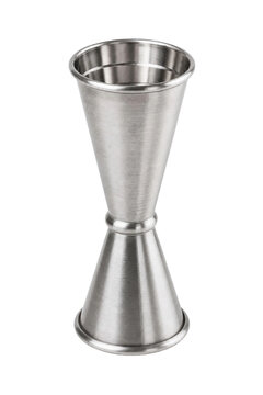 Shiny silver metal cocktail jigger with a brushed finish stands upright on a clean white background