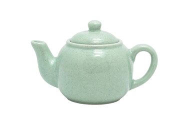 Light green ceramic teapot with a speckled texture and matching lid is presented on a clean white...