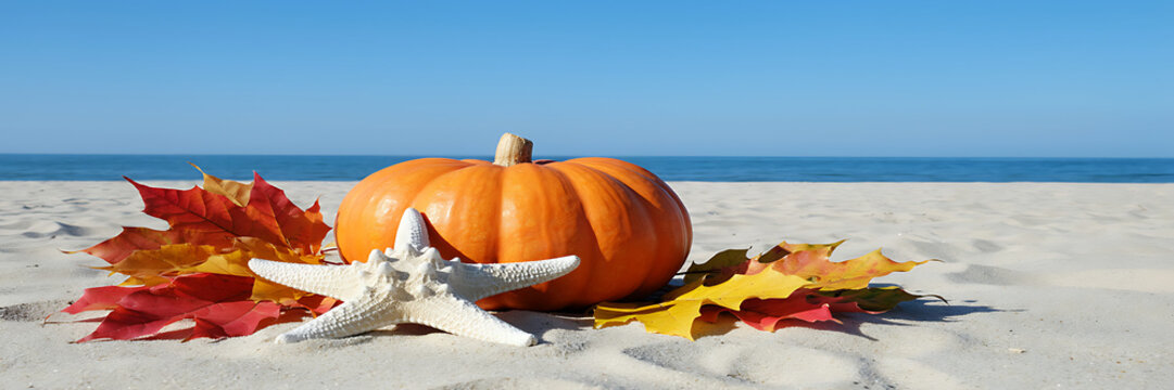 A single orange pumpkin resting on white sand at the beach, accompanied by a white starfish and colorful autumn leaves under a clear blue sky