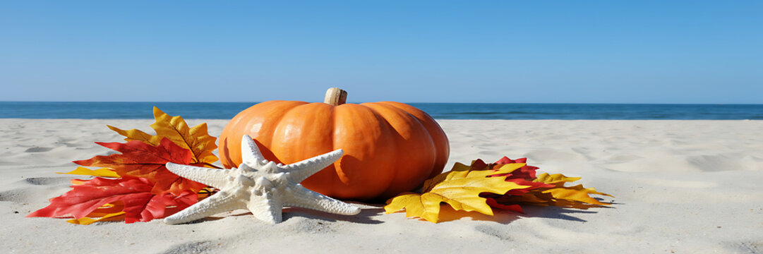 A single orange pumpkin resting on white sand at the beach, accompanied by a white starfish and colorful autumn leaves under a clear blue sky