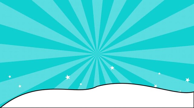 Cyan sunburst background with rising white stars and snowy hills