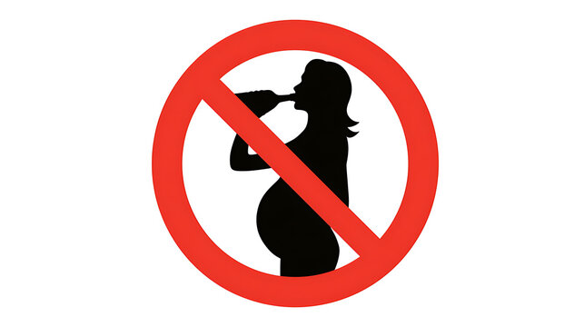 Red prohibition sign featuring a silhouette of a pregnant woman holding a bottle, warning against alcohol consumption during pregnancy