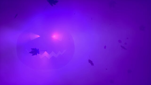Glowing Halloween jack-o-lantern face in colorful fog with falling autumn leaves silhouettes. Spooky pumpkin glow atmospheric horror holiday background. Seamless loop 3d rendering animation.
