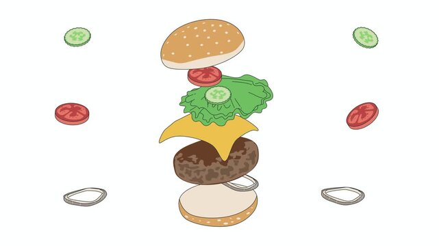 Burger Stack Animation, Food Motion Graphic, 2D Cartoon Style, Vector Art Background, Bun Leaf Tomato, Seed Cucumber Elements, Colorful Food Design, Animated Burger Graphic