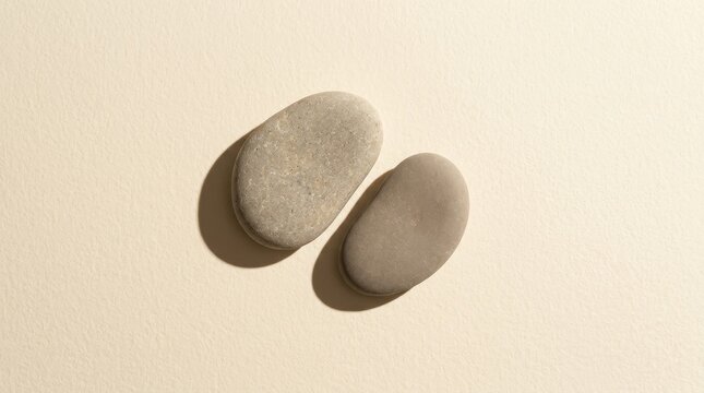 Two smooth zen stones on beige textured surface with hard shadows