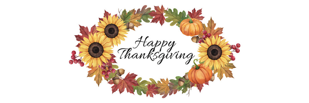 A watercolor wreath for thanksgiving featuring sunflowers, orange pumpkins, red berries, and autumn leaves with text in the center