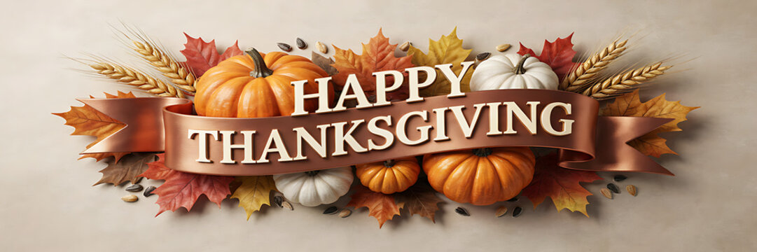 A festive happy thanksgiving banner featuring orange and white pumpkins, golden wheat stalks, and vibrant autumn leaves on a light beige background