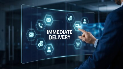 Obraz premium Man interacting with holographic display showing immediate delivery concept