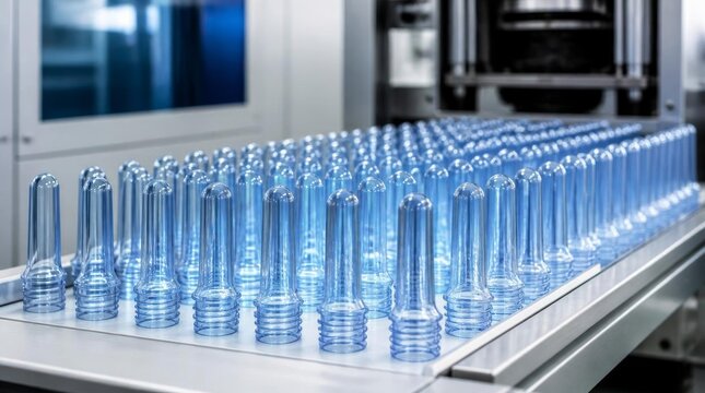 Blue plastic preforms lined up on conveyor belt inside modern factory