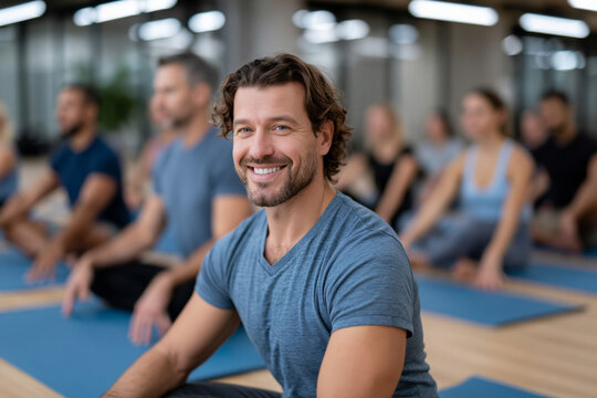 An exquisite and picturesque depiction of group yoga class performing seated forward bends in a bright contemporary studio, natural composition, soft daylight, premium stock image, no logos, no