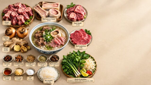 Vietnamese street food pho with oxtail and bone marrow