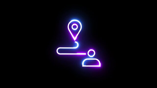 Navigation route with map pin and person icon in neon glow effect moving