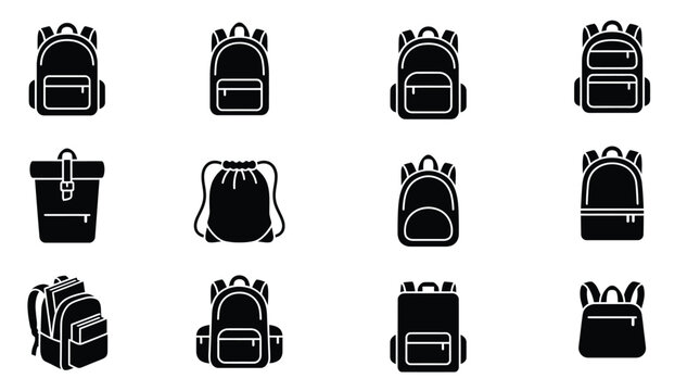 Collection of various backpack and school bag icons with transparent background