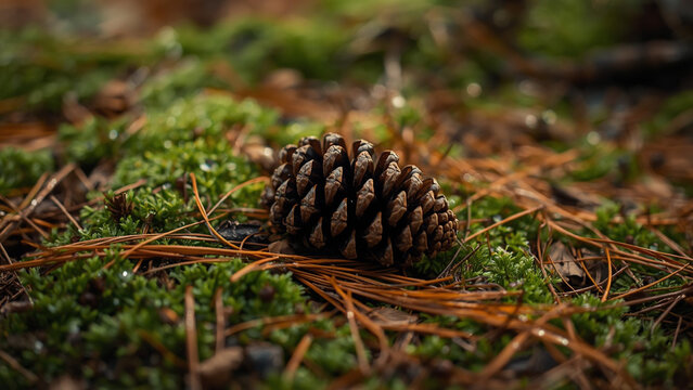 Pine cone lying on green forest moss