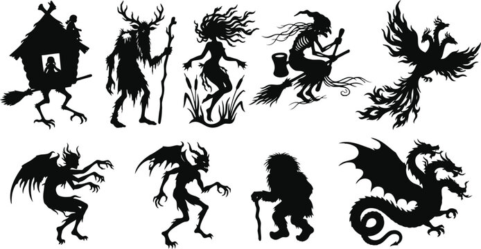 Slavic Mythology and Folklore Creatures Silhouette Set Featuring Baba Yaga, Leshy, Firebird, and Zmey Gorynych