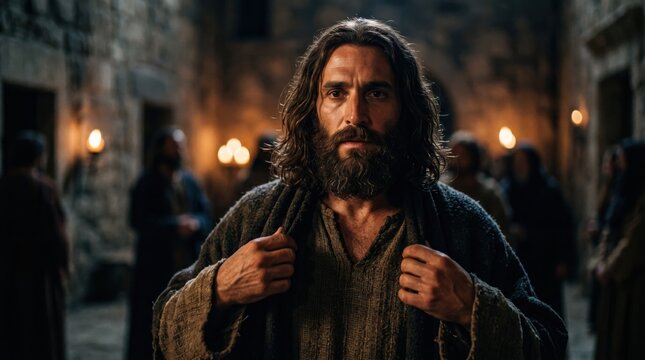 Close-up portrait of a resolute Jesus grasping his dark robes during his trial. Serious Middle Eastern man standing in a dimly lit stone hall illuminated by warm firelight