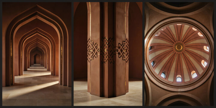 Architectural interior featuring pointed arches and intricate geometric column carvings
