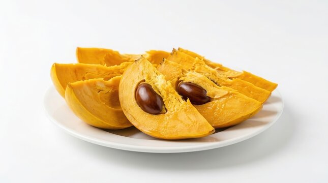 Fresh sliced canistel fruits with visible seeds arranged on a white plate yellow fruit pouteria campechiana fruit slices tropical fruit yellow sapote sweet fruit raw food white background