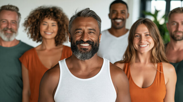 A breathtaking and highly detailed view of inclusive yoga class celebrating wellness and accessibility, diverse participants smiling after practice, bright contemporary studio, natural daylight,
