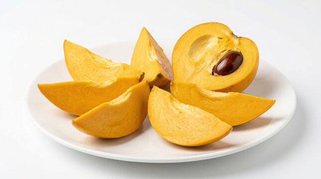 Fresh yellow canistel fruit slices and whole piece with seed on white plate pouteria campechiana tropical fruit sweet fruit yellow sapote raw food white background canistel eggfruit nutrition