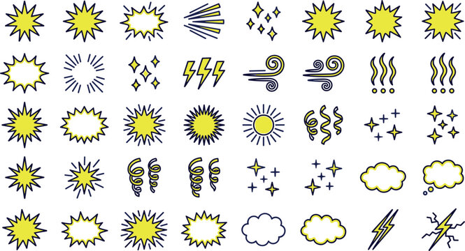 Pop Art Comic Book Effect Vector Set with Explosion Bursts Sparkles Lightning Bolts Clouds Wind Twirls and Confetti Speech Bubble Graphic Elements