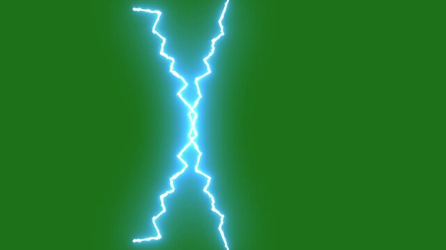 Powerful blue electric discharges and lightning strikes during an intense electrical storm, flashing thunderbolt energy effects on green screen background, cinematic 4k stock video footage