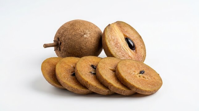 Whole sapodilla fruit alongside one cut half and several round slices arranged on a white background with cross section sweet fruit tropical fruit sapodilla tropical nutrition ingredient
