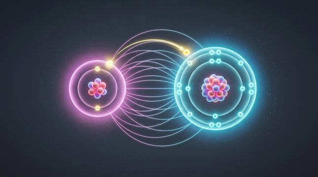 Neon atomic bonding diagram showing electron transfer between atoms in space