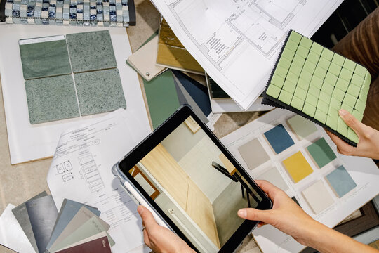 Tile samples and floor plan for home renovation