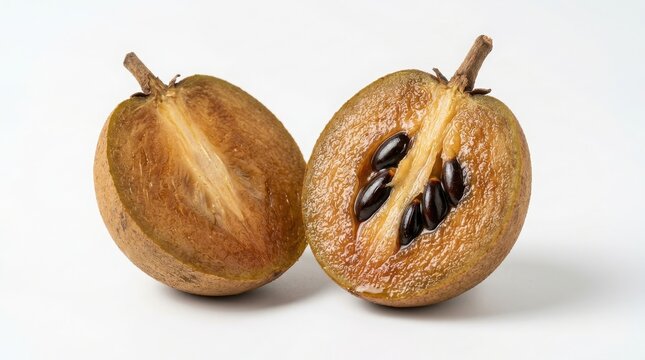 Two halves of fresh sapodilla fruit displaying dark brown seeds inside on a white surface with white background cross section sweet fruit tropical fruit organic fruit sapodilla tropical